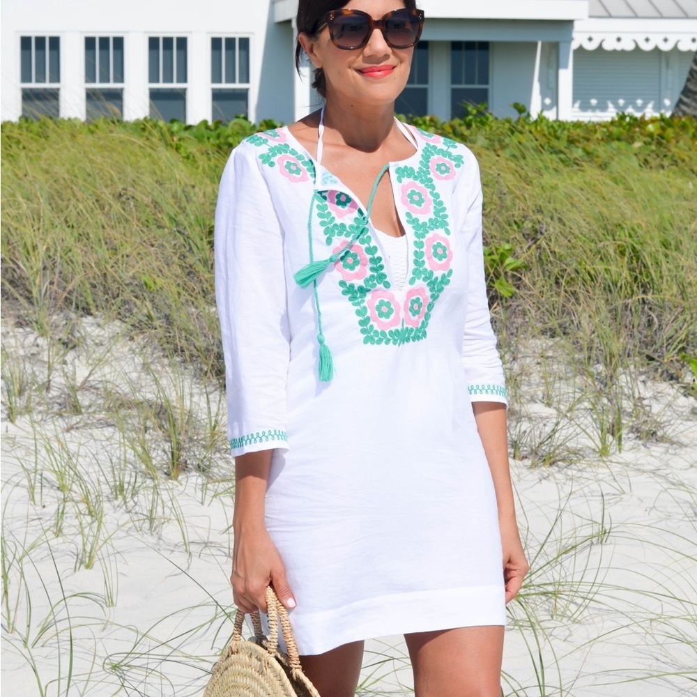 J Crew White and Green Floral Embroidered‎ Swim Cover-Up Tunic Dress Beach